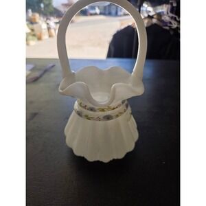 Fenton White Milk Glass Basket Hand Painted C Smith Blue Floral Ruffled Edge